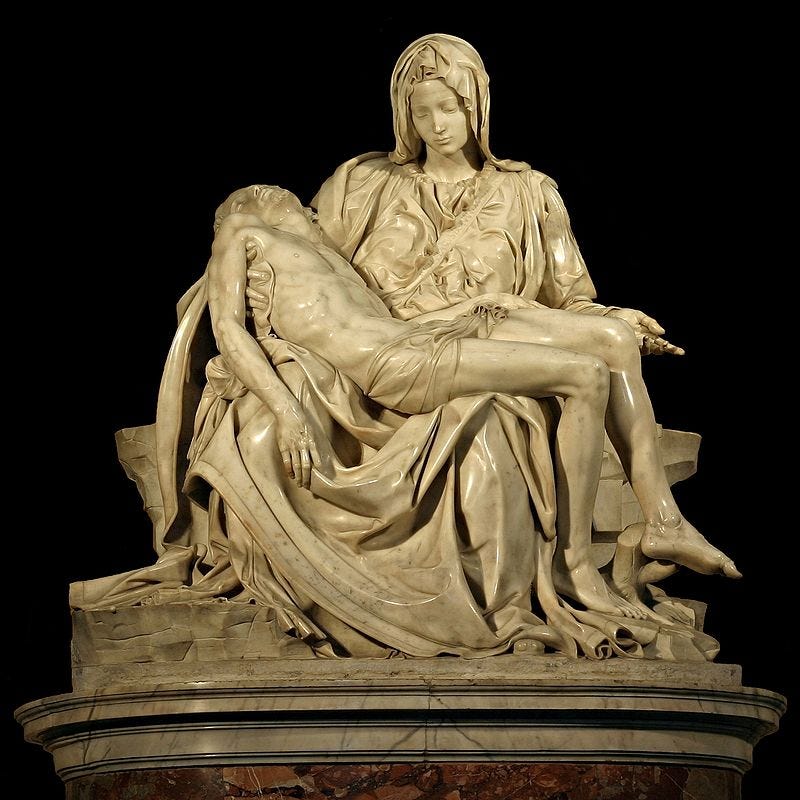 Paasverhaal in de kunst.

Michelangelo, Pietà, 1498-99, Vaticaanstand, Sint Pietersbasiliek